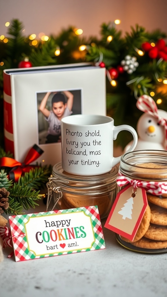 A collection of DIY Christmas gifts including a photo album, personalized mug, coupon book, and jar of cookies on a festive background.